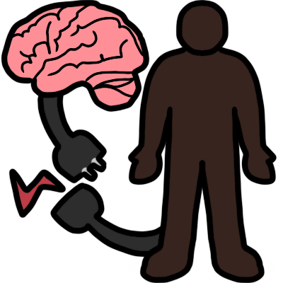 a pink brain and a dark brown colored body. both have a black cable with plug coming out of them. the plugs are disconnected, and there's a small red zigzag showing that it isn't working.